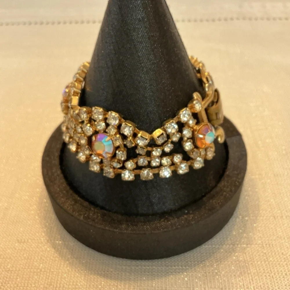 Aurora Borealis Vintage Rhinestone Gold Tone Bracelet
